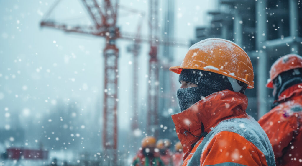 Construction worker on site in winter in winter gear with snow falling