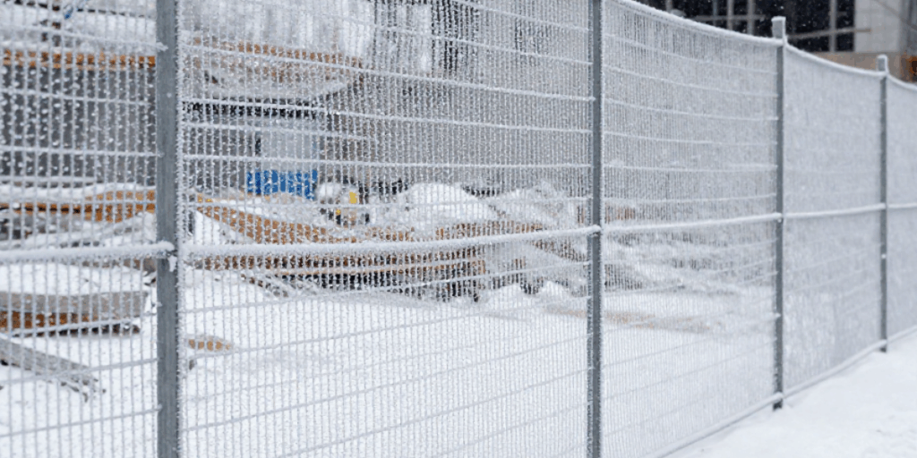 Winter construction site temporary fence covered in snow