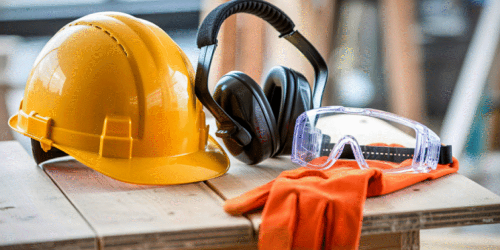 Personal protective equipment on a table in a construction site