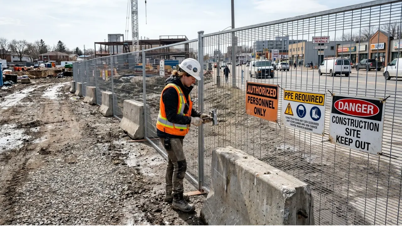 Temporary fence panels installed along a construction site perimeter on an active urban street with concrete block bases visible.