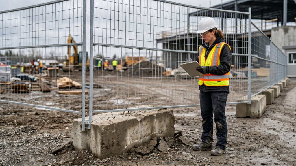 Steel tube base with sandbag ballast securing a temporary fence panel on a finished concrete surface at a commercial construction site.