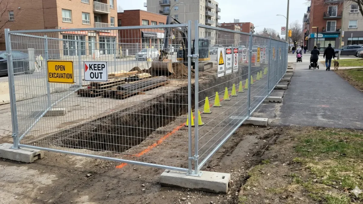 Urban Construction Site: Aerial view of a complete Broadfence anti-climb temporary fence panel perimeter system surrounding an active construction site.