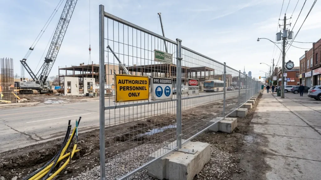 Chain-link construction fence along a city street with a yellow 'Authorized Personnel Only' sign and safety notices; crane and building under construction in background.