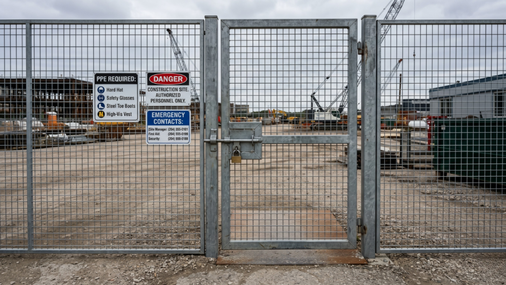 A wide vehicle gate opens at a North American construction site entry point as a flatbed delivery truck enters.