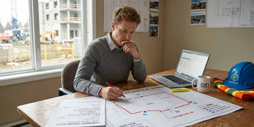 Construction project manager reviewing a temporary fencing quote and site layout plan