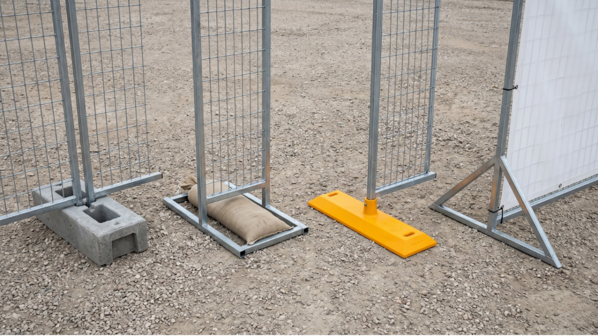 Metal fence panels set on a gravel surface, with a sandbag ballast and a bright yellow base plate supporting one panel, indicating a temporary construction barrier.