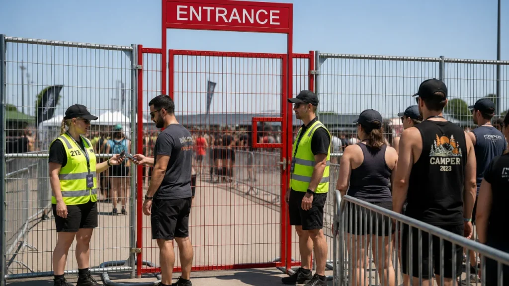 Event entrance with a red gate, staff in high-visibility vests check tickets for a line of attendees.