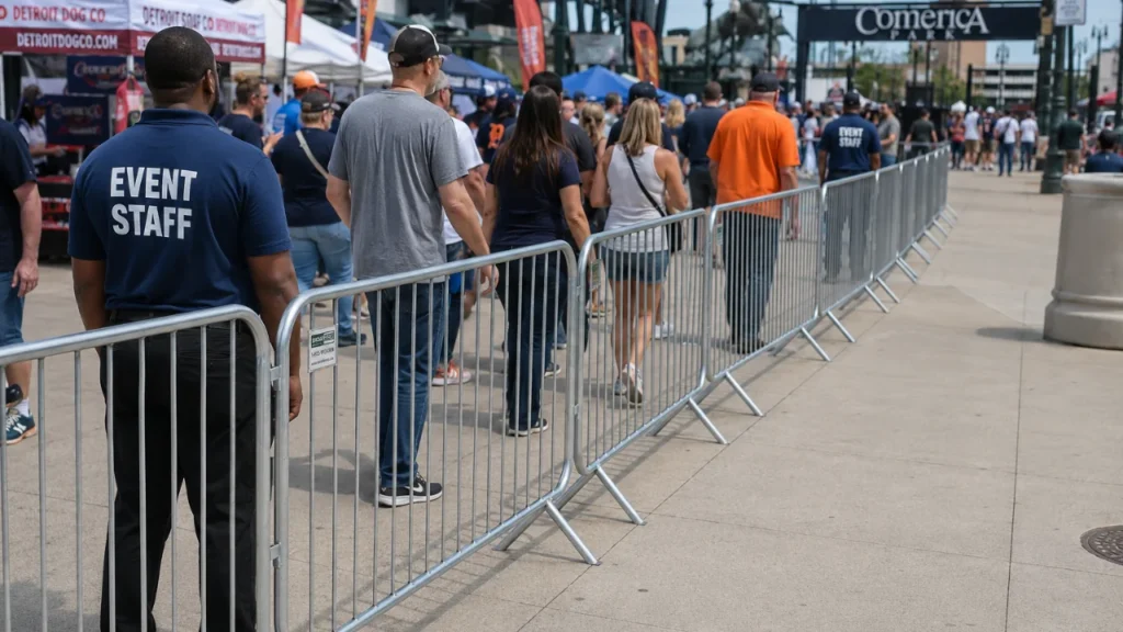 Crowd lined up behind metal barricades at an outdoor event; staff wearing 'Event Staff' shirts monitor the queue near vendor tents and an archway finish line.