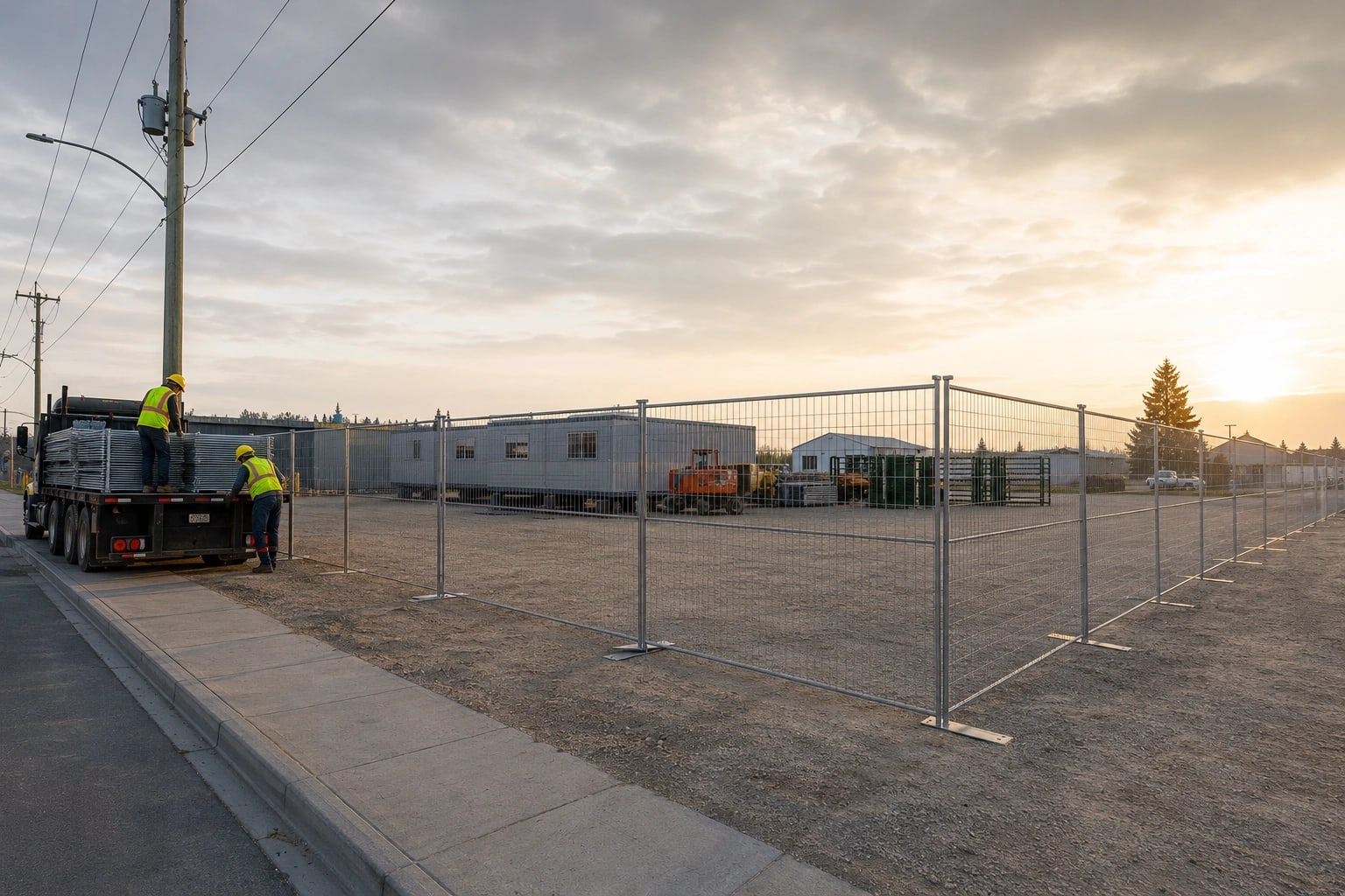 Two workers in safety gear unload metal panels from a flatbed truck at a fenced construction site at sunset.