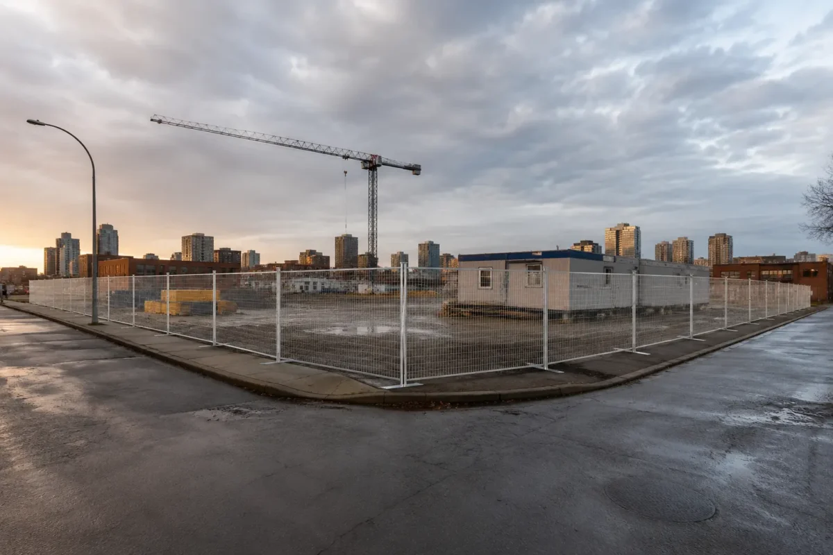 Construction site inside a white chain-link fence on a wet street at sunset, with a tall crane and city buildings in the background