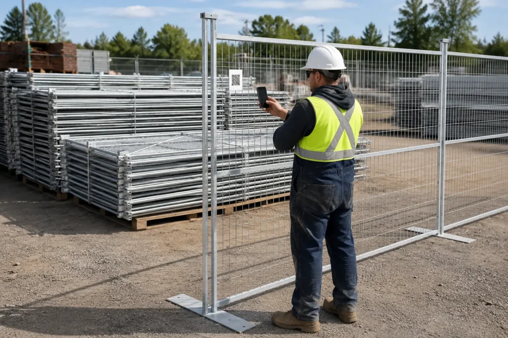 Construction site superintendent scanning a QR code label on a temporary steel fence panel for asset tracking purposes