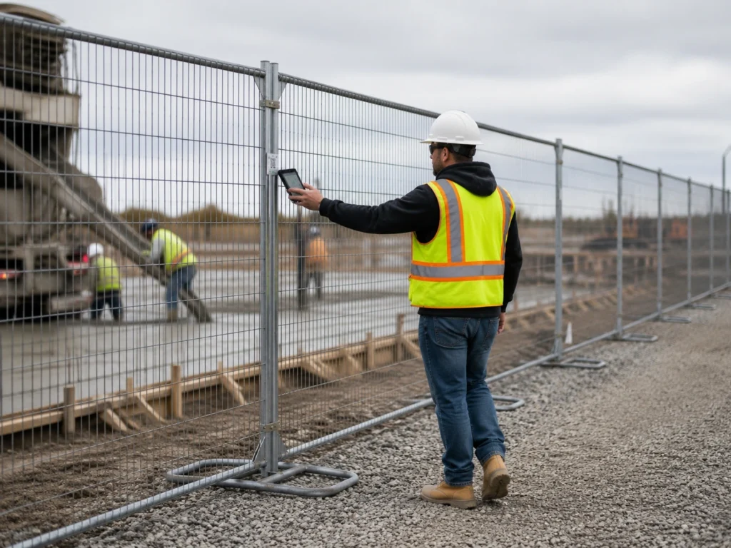 Construction worker in a neon safety vest and white helmet uses a tablet beside a chain-link fence at a construction site.