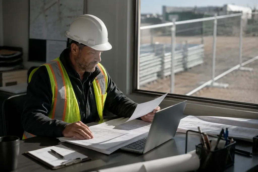 General contractor reviewing construction bid documents at a mobile field office with temporary fencing visible through the window behind him.