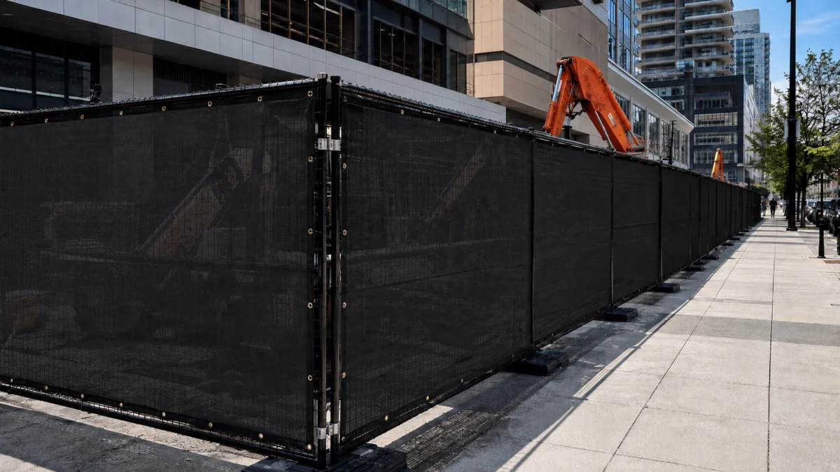 Broadfence temporary fencing with black HDPE privacy screening installed around an urban construction site for security, dust control, and public-facing perimeter management.