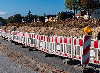 Construction site along a street with orange-and-white barriers, dirt piles, and a yellow warning beacon; houses in the background.