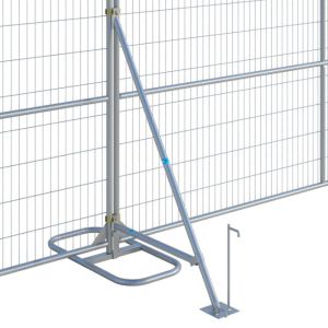 Freestanding temporary fence stabilizer with a blue diagonal brace bracing a wire-mesh fence panel.